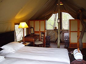 Int&eacute;rieur d'une tente du camp - Safaris &agrave; pied et trek dans le Parc Kruger en Afrique du Sud - Absolu Voyages, le sp&eacute;cialiste du safari et du trekking d'aventure en Afrique Australe