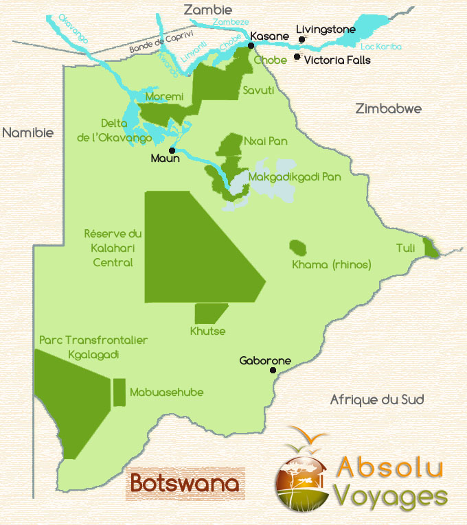 Carte du Botswana spéciale safaris - Réserves du delta de l'Okavango, Moremi, Savuti, Chobe, Linyanti, Kwando, Nxai Pan, Makgadikgadi Pan, Tau Pan, Kalahari, Kgalagadi, Tuli... - Absolu Voyages