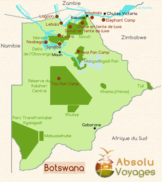 Carte des lodges de safari du Botswana (delta de l'Okavango, Moremi, Chobe, Nxai Pan, Makgadikgadi Pan, Savuti, Chutes Victoria) - Absolu Voyages