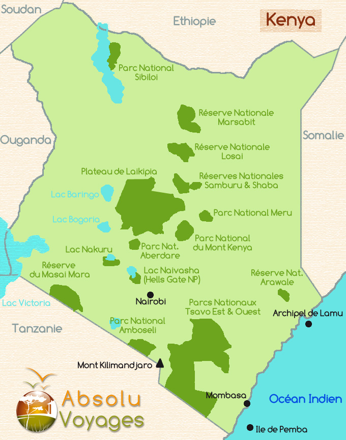 Informations pratiques sur les safaris au Kenya - Carte des principales réserves, électricité, prises électriques, vaccins, visa, formalités, décalage horaire - Absolu Voyages