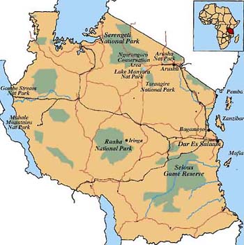 Carte des parcs nationaux et r&eacute;serves de Tanzanie